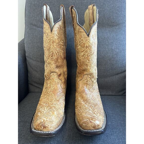Corral Tan Leather Floral Embroidered Western Boots Square Toe Cowgirl Size 8 M - Picture 2 of 12